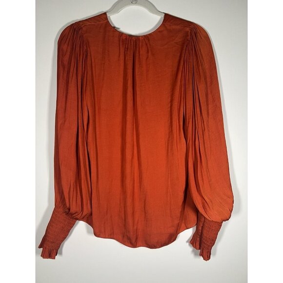 Rebecca Taylor rust orange v-neck pleated sleeves blouse M boho flowy office - Picture 3 of 10